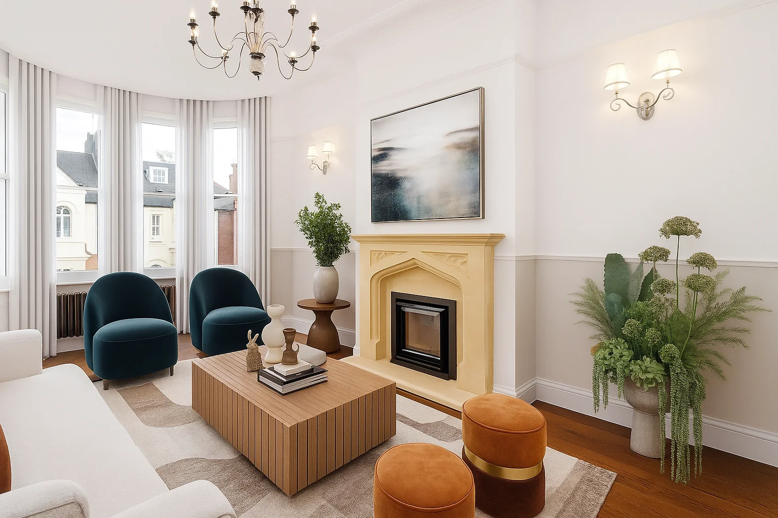 Bright renovated living room with a fireplace and carefully finished details